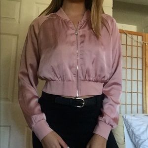 Pastel Pink Satin Cropped Bomber